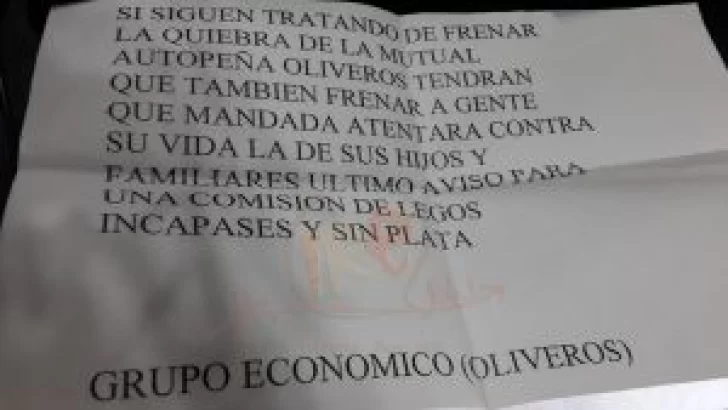 Amenazan de muerte a la comisión de la Mutual Autopeña Oliveros