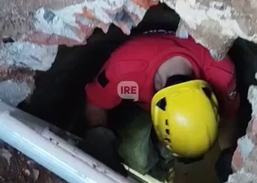 Un gatito en apuros: Los bomberos de San Lorenzo rompieron el piso para salvarlo