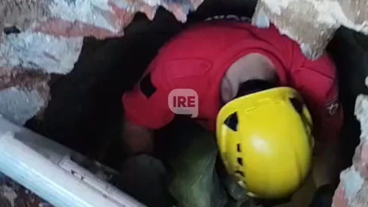 Un gatito en apuros: Los bomberos de San Lorenzo rompieron el piso para salvarlo